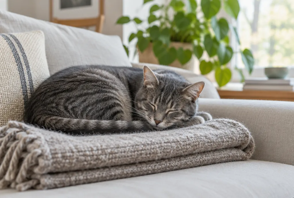 En grå katt sover på en filt i soffan hemma
