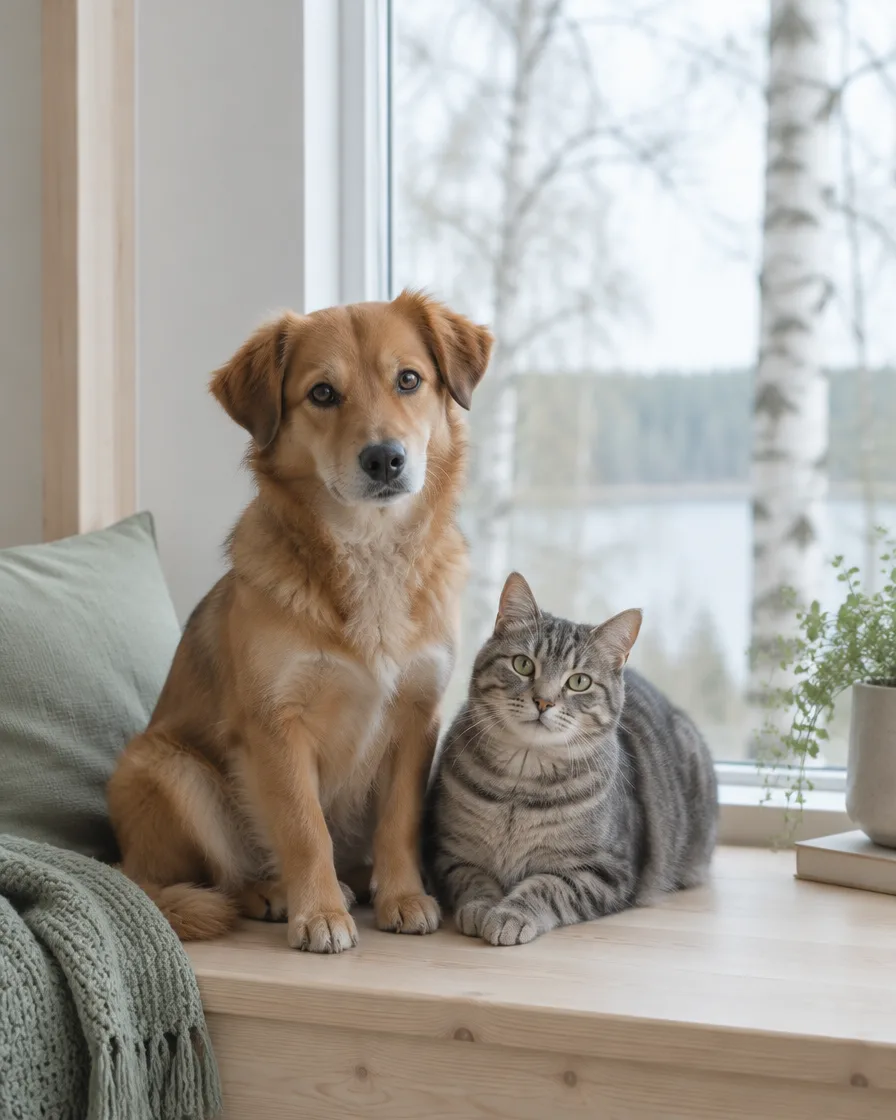 En hund och en katt sitter tillsammans i en ljus fönsternisch